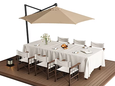 Stunning Outdoor Table with White Tablecloth Dinnerware Flower Vase and Beige Parasol on Wooden Deck 3d model