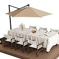 Stunning Outdoor Table with White Tablecloth Dinnerware Flower Vase and Beige Parasol on Wooden Deck