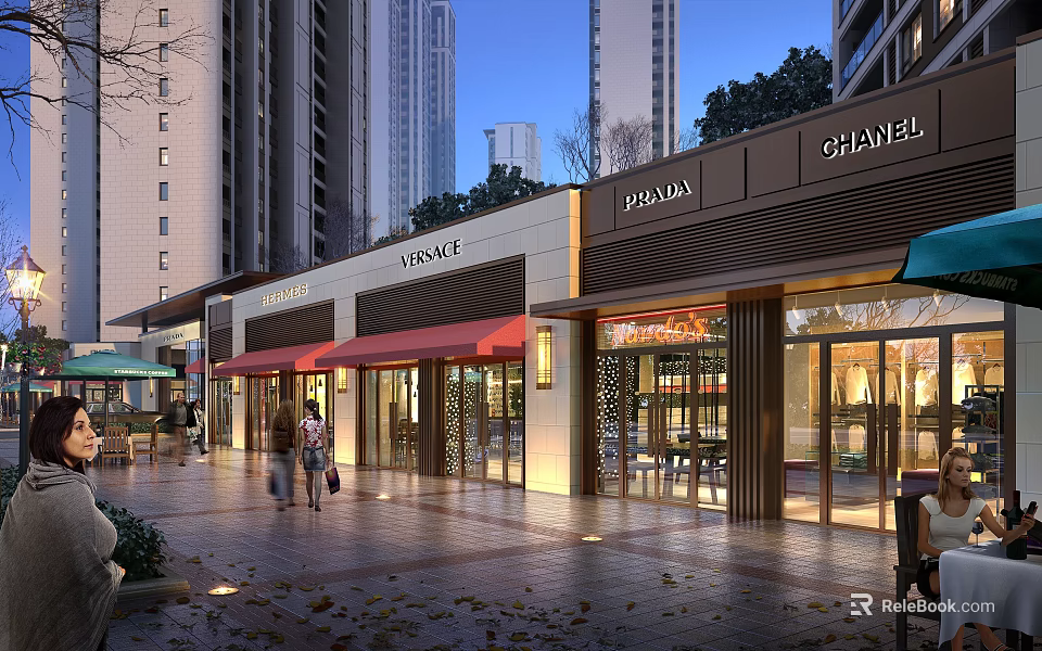 Modern Commercial Street With Luxury Brand Storefronts Pedestrians And High Rise Buildings 3d model 