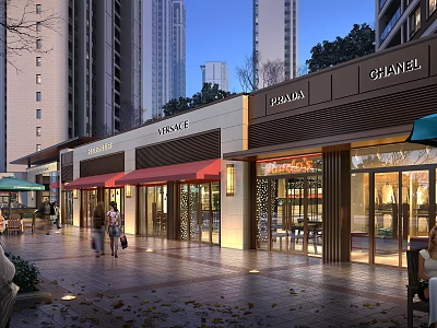 Modern Commercial Street With Luxury Brand Storefronts Pedestrians And High Rise Buildings 3d model