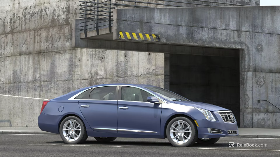 Blue Cadillac Sedan Parked Near Concrete Tunnel With Yellow Black Warning Stripes 3d model 