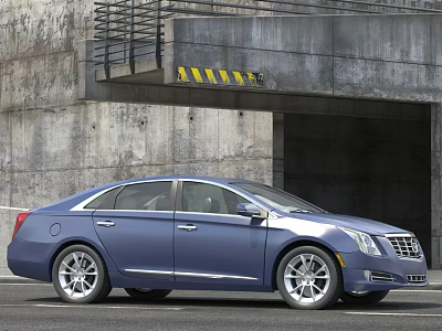 Blue Cadillac Sedan Parked Near Concrete Tunnel With Yellow Black Warning Stripes 3d model
