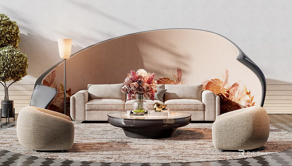 Beige Multi Person Sofa Living Room Interior With Round Coffee Table Flower Arrangement Accent Chairs 3d model 