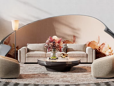 Beige Multi Person Sofa Living Room Interior With Round Coffee Table Flower Arrangement Accent Chairs 3d model