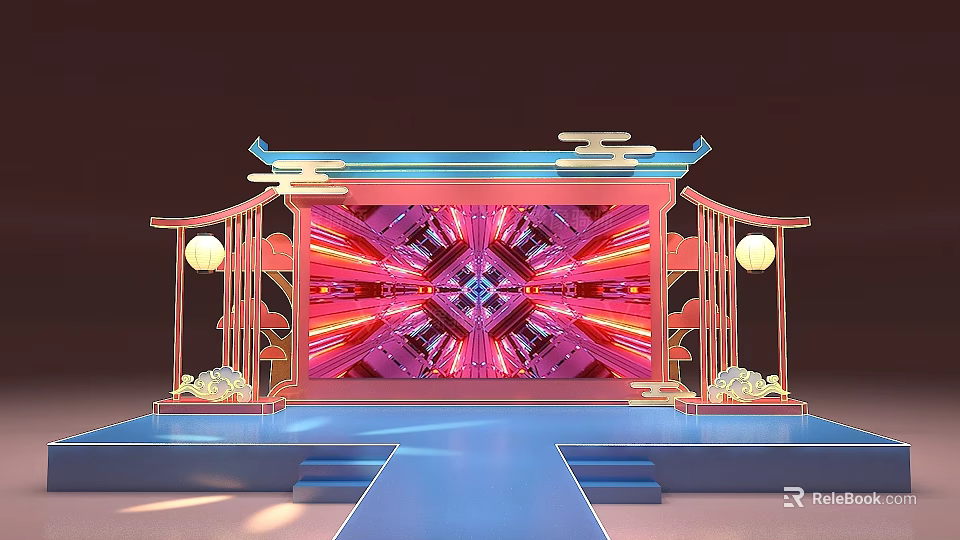 Modern Chinese Style Stage With Red Pink Lighting Geometric Pattern Backdrop Blue Steps Lantern Decorations 3d model