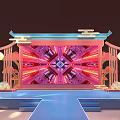Modern Chinese Style Stage With Red Pink Lighting Geometric Pattern Backdrop Blue Steps Lantern Decorations 3d model