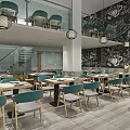 Elegant Restaurant Facade With Glass Doors Logo Interior Tables Chairs Pendant Lights Patterned Tile Flooring