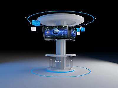 Modern SANYO Display Shelf with Circular Top Screens and Transparent Cabinet 3d model