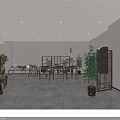 Modern Tea House Interior With Open Space Wooden Furniture Green Plants Screen And White Walls