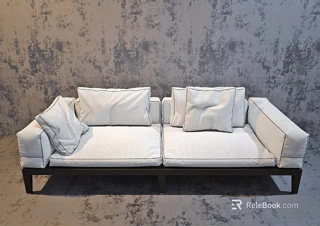 Light Colored Double Sofa With Cushions And Dark Frame Against Textured Gray Wall 3d model 