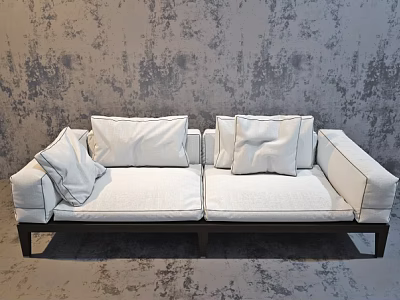 Light Colored Double Sofa With Cushions And Dark Frame Against Textured Gray Wall 3d model