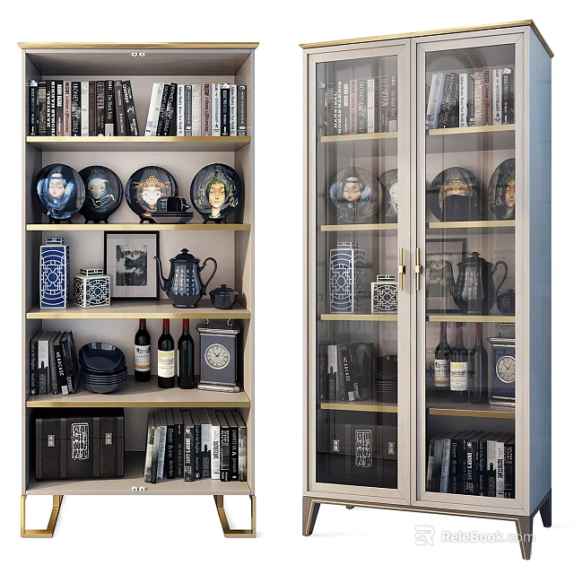 Display Shelves and Glass Door Cabinet Holding Books Decorative Vases Photo Frames and Wine Bottles 3d model 
