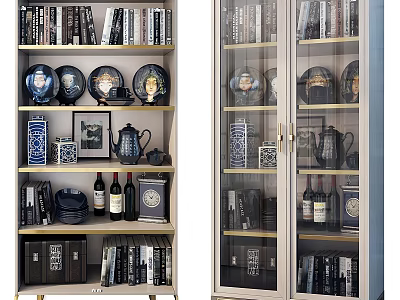 Display Shelves and Glass Door Cabinet Holding Books Decorative Vases Photo Frames and Wine Bottles 3d model