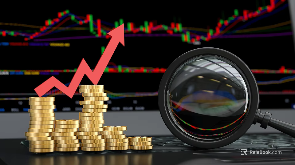 Jewelry Design Featuring Gold Coins With Magnifying Glass And Upward Arrow Stock Chart Background 3d model 
