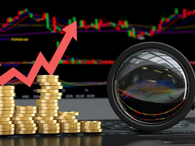 Jewelry Design Featuring Gold Coins With Magnifying Glass And Upward Arrow Stock Chart Background 3d model