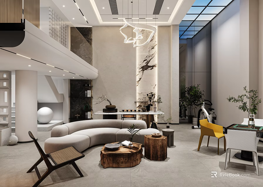 Elegant Basement Interior Design With Modern Sofa Coffee Table And Decorative Plants 3d model 