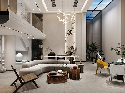 Elegant Basement Interior Design With Modern Sofa Coffee Table And Decorative Plants 3d model