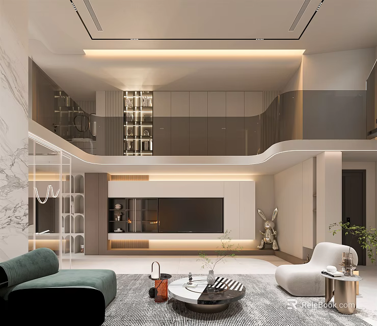 Modern Duplex Living Room Interior Design With Open Layout Cozy Sofa And TV Wall 3d model 