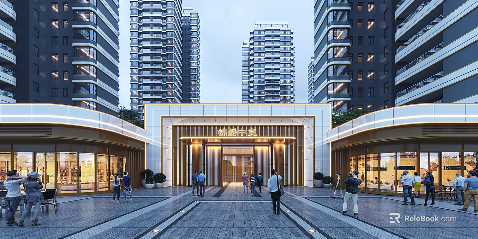 Modern Residential Entrance Gate With High Rise Buildings Paved Square Elegant Lighting And Pedestrians 3d model 