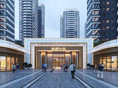 Modern Residential Entrance Gate With High Rise Buildings Paved Square Elegant Lighting And Pedestrians 3d model
