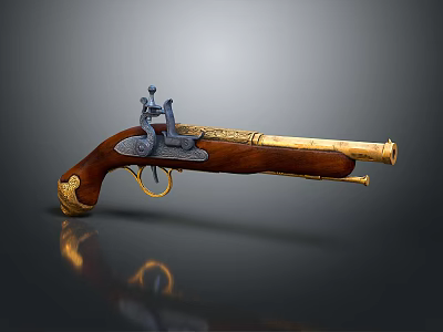 Vintage Pistol With Wooden Grip Metal Components And Gold Accents Retro Design 3d model