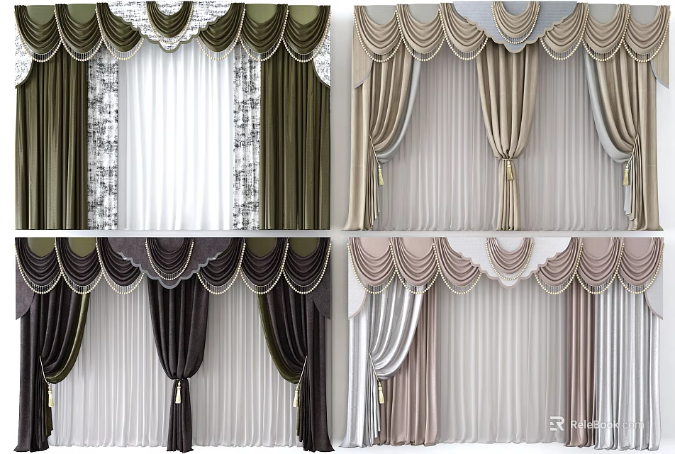 Stylish Window Curtains in Multiple Colors with Ornate Valances and Fringes 3d model 