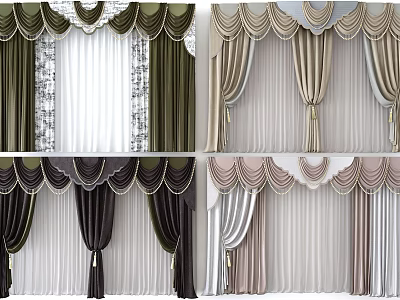 Stylish Window Curtains in Multiple Colors with Ornate Valances and Fringes 3d model