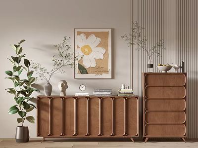 Modern Wooden Console Cabinet And Side Cabinet With Framed Painting Green Plants Decorative Items 3d model