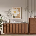 Modern Wooden Console Cabinet And Side Cabinet With Framed Painting Green Plants Decorative Items