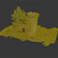 Medieval Stone Tower Model With Lush Green Vegetation And Stone Archway Details