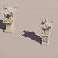 Traditional Chinese Stone Floor Lamps with Pagoda Style Roof and Carved Base