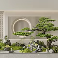 Indoor Landscape Design With Pine Tree Rocks Green Plants And Circular Decorative Wall 3d model