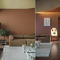 Modern Living And Dining Room Interior With Brown Sofa Glass Coffee Table And Green Plants