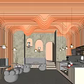 Modern Bubble Tea Shop With Orange Wavy Walls Cozy Seating And Bar Counter