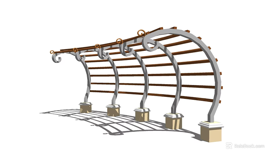 Arched Pergola Design with Metal Supports Wooden Beams and Decorative Scroll Pedestal Bases 3d model 
