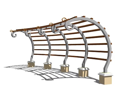 Arched Pergola Design with Metal Supports Wooden Beams and Decorative Scroll Pedestal Bases 3d model