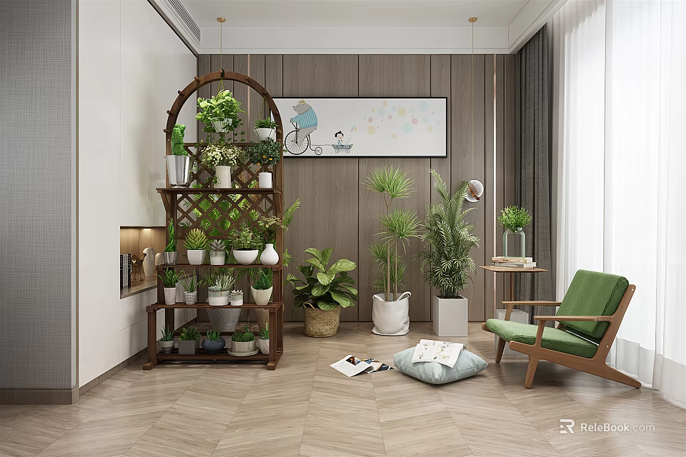 Succulent Plants Display On Wooden Tiered Shelf In Modern Indoor Living Room With Greenery 3d model 