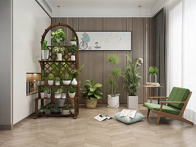 Succulent Plants Display On Wooden Tiered Shelf In Modern Indoor Living Room With Greenery 3d model