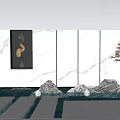Modern Scenic Feature Wall Design With Decorative Painting Water Fountain And Stone Elements