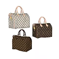 Stylish Travel Luggage Bags With Checkered And Monogram Patterns In Gray And Brown Tones