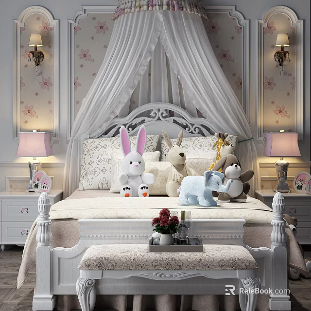 Classic Double Bed with White Canopy Plush Toys Floral Wallpaper and Bedside Lamps 3d model 