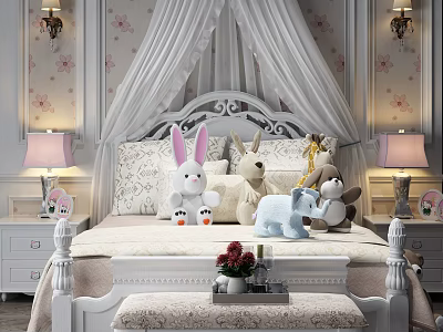 Classic Double Bed with White Canopy Plush Toys Floral Wallpaper and Bedside Lamps 3d model