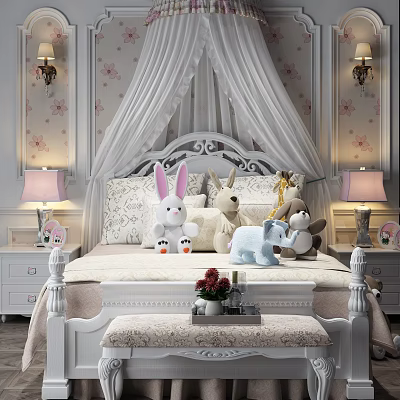 Classic Double Bed with White Canopy Plush Toys Floral Wallpaper and Bedside Lamps 3d model