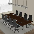 Wooden Conference Table with Ergonomic Chairs Laptop Cups and Papers in Modern Office