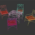 Outdoor Table With Glass Top And Four Metal Chairs Red Striped Cushions Scroll Design