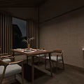 Private Dining Room Interior With Long Wooden Table Wooden Chairs Green Plant And Warm Lighting