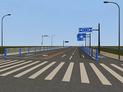 Urban Road Infrastructure With Zebra Crosswalk Street Lamps Traffic Signs And Blue Guardrails 3d model