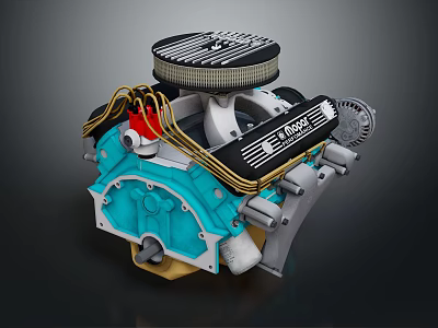 High Performance Classic Car Engine With Turquoise Block Black Cover And Yellow Hoses 3d model