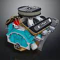 High Performance Classic Car Engine With Turquoise Block Black Cover And Yellow Hoses