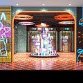 Public Facility With Circular Neon Ceiling Lights Multi Level Display And Checkered Floor